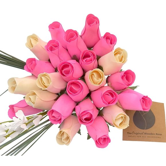 2 Dozen It's A Girl Light Pink and White The Original Wooden Rose Flower Bouquet - Picture 1 of 9